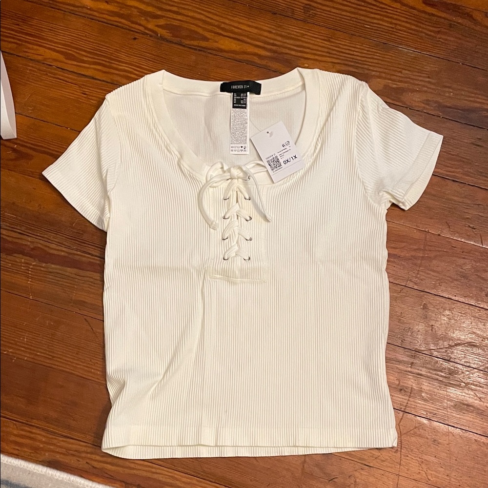 Forever 21 Cream Ribbed Tie Detail Top